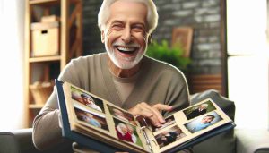 Depict a high-definition, realistic scene of a generic elderly man smiling as he flips through an album filled with photos representing milestones in his life. He's sitting in a cozy living room setting with an excited twinkle in his eye, radiating deep contentment while reflecting on his remarkable life journey.