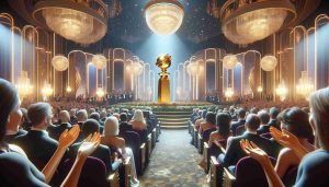 A realistic HD image depicting the event of unveiling the Golden Globe awards. In the scene, the atmosphere is vibrant, filled with anticipation. A well-lit stage is the focal point where the shiny Golden Globe awards are displayed, upheld by velvet-gloved hands. Amazed audience members of various descents and genders are captured, all dressed in their best evening attires. The ambiance of the hall hints at a semi-formal event extending late into the night, with soft, warm lighting illuminating the room, highlighting its ornate decorations and luxurious layout.