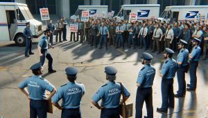 A high-definition, realistic image depicting the escalation of a strike. The scene shows the clash between a postal organization and a group of labor union representatives in an unidentified location. Both groups are in a tense standoff over the presentation of a new offer. The postal organization's representatives are wearing uniforms with their logo, while the union representatives hold placards expressing their demands. Please depict this scene with a sense of urgency and tension.