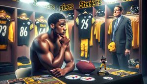 A high-definition image depicting a scene from a hypothetical scenario: a well-known American football quarterback, physically fit and of African American descent, is contemplating his next career move. He's in a locker room filled with Steelers logos and paraphernalia. Around him, there's a mixed atmosphere of romance and calculated strategy, symbolizing the contrast between the emotional connection with a sports team and the business-like decision-making required in professional sport careers.