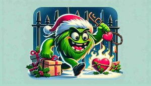 Create a high-definition image that depicts an exciting scene of a holiday caper thwarted! A mischievous green-colored character with a heart two sizes too small, not unlike a storybook creature renowned for stealing festive cheer, has had his latest plan come undone. Please display visual elements that emphasize the festive atmosphere and the comedic yet endearing twist of the green creature's failed scheme.