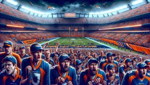 An ultra high-definition, realistic illustration featuring the scene of a tense, dramatic football match. The Denver Broncos' colors decorate the stadium and many fans, notably anxious, are seen expressing frustration and disappointment. Their expressions suggest that their favorite team's chances of reaching the playoffs might be slipping away once again. The atmosphere in the stadium is electric but also filled with apprehension.