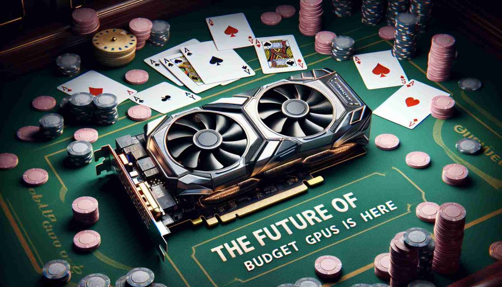 Highly detailed, realistic image of a generic graphics card triumphantly winning at a casino card game setting, with text overlay that says 'The Future of Budget GPUs Is Here'. The graphics card looks advanced and high tech, surrounded by traditional poker cards showing aces, symbolizing its superior performance in the 'game' of computing power.