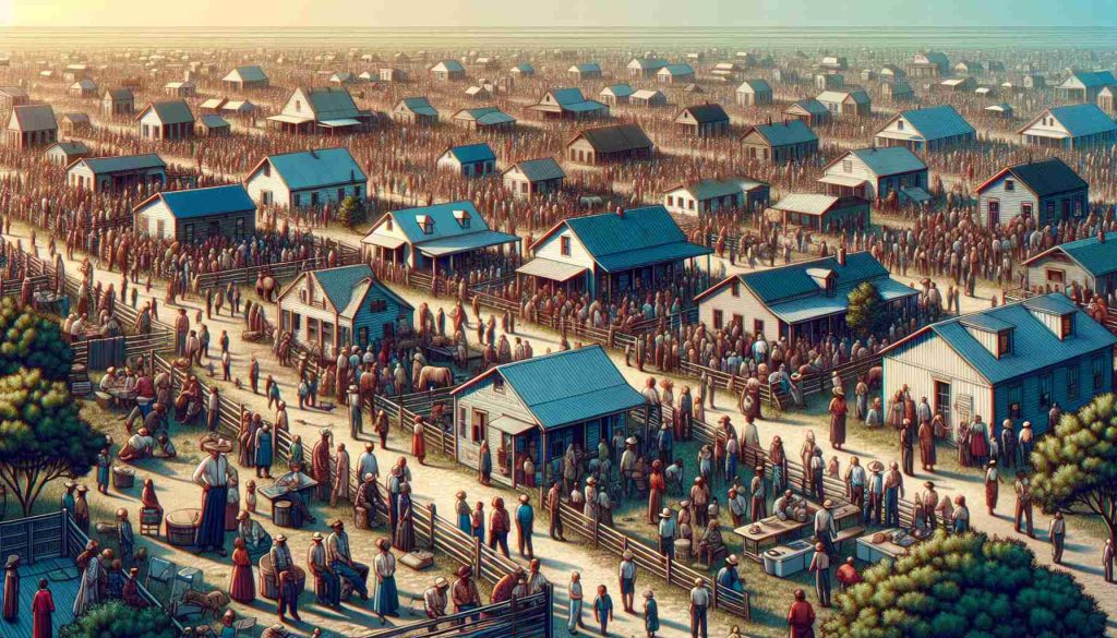 Realistic high-definition illustration of a large settlement scene which symbolically reflects on a crisis. Depict a diverse range of individuals of different descents and genders, highlighting the gravity of the situation. Their expressions should reflect a sense of reckoning due to an underlying issue. Please steer clear of any actual pharmaceutical references or insinuations.