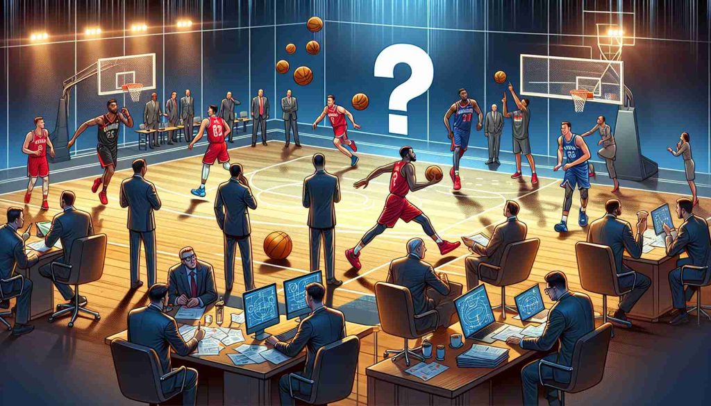 A high-definition, realistic illustration depicting major moves in professional basketball ahead of the trade deadline. The scene may include tension-filled negotiation rooms, players practicing intensely at the gym, and executives strategizing in their offices. There should also be an air of anticipation and a question mark floating in the air, symbolizing uncertainty about the future moves.