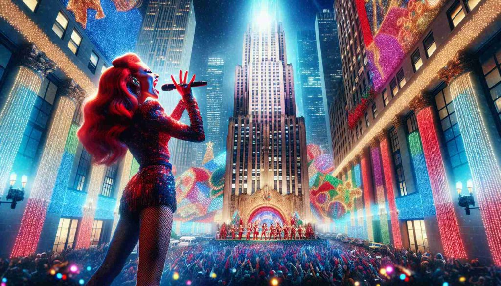 A vibrant HD image showcasing a grand holiday spectacle at an iconic skyscraper. The scene is dominated by vibrant colourful lights, and immense decorations reminiscent of a memorable night. As the focal point, a charismatic performing artist, remarkable for her red hair, is seen in the act of delivering a power-packed musical performance, adding to the joyous festivities.