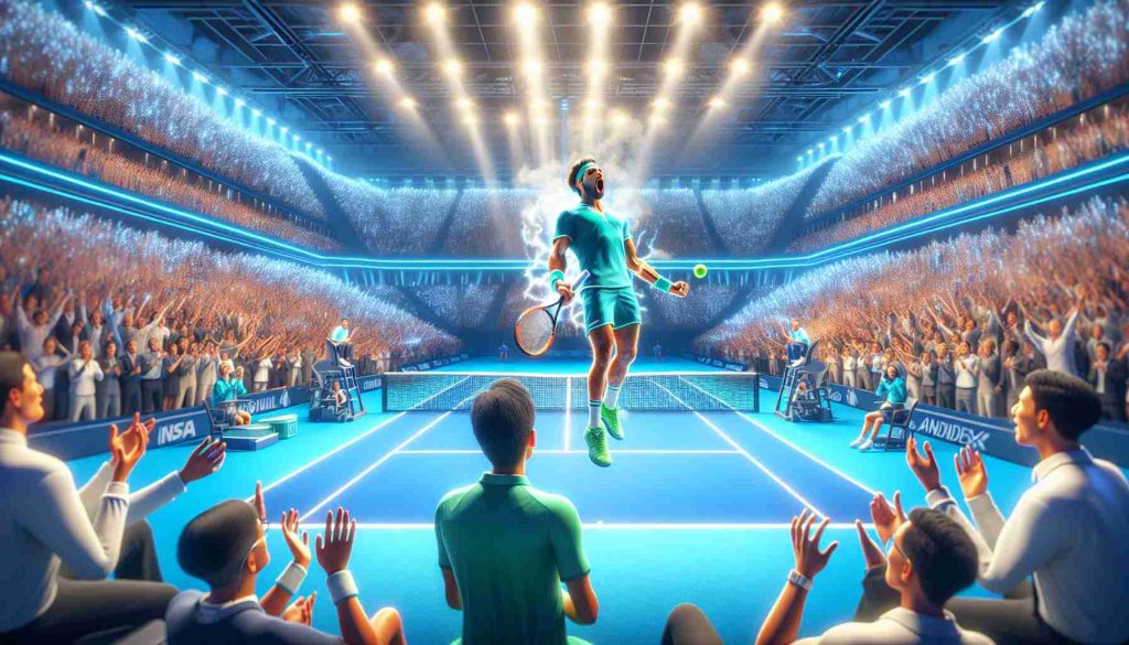 Detailed representation of an incredible awe-striking event in a next-generation tennis finals championship described in a hyperrealistic high-definition style. The court is electric blue, and the audience is on the edge of their seats. The surprising result has the audience gasping in the indoor, glowing court. You can see a professional male Hispanic tennis player in green attire appearing triumphant, while his professionally dressed, Asian competitor seemed astonished at the outcome.