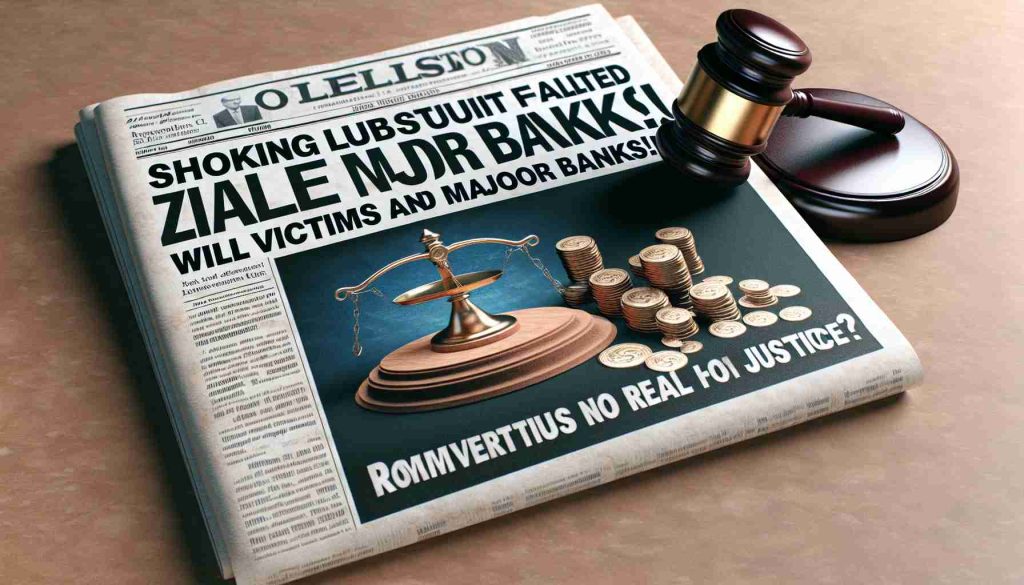 A digitally illustrated image of a newspaper front page with the headline 'Shocking Lawsuit Filed Against Zelle and Major Banks! Will Victims Get Justice?' Along with the headline, it includes an image of a gavel and a pile of coins. Make sure to get the details of the text sharp for an HD look. Reflect the seriousness of the issue in the image. Remember, this is not a depiction of real people or events.