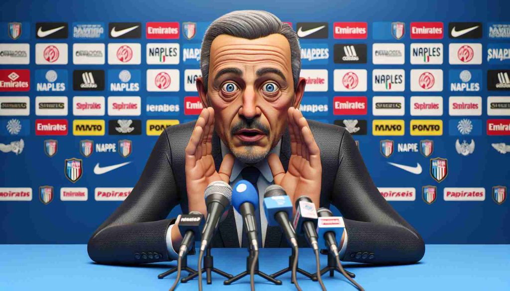 A high-definition, realistic image of an unspecified, surprise-filled press conference held by a professional football coach, famous for representing a club from Naples, keeping the conference exceptionally short.