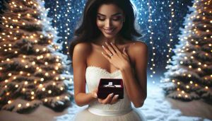 A high-definition, realistic image of a fairytale engagement surprise during the holidays! Visualize a happy woman, with a mixed-race descent, dark hair, and an athletic physique in a beautiful white dress, awestruck looking at a velvet box with a sparkling ring resting on a snowy pillow. The setting is an illuminated winter wonderland, complete with twinkling lights on evergreen trees and soft snow falling gently in the background.