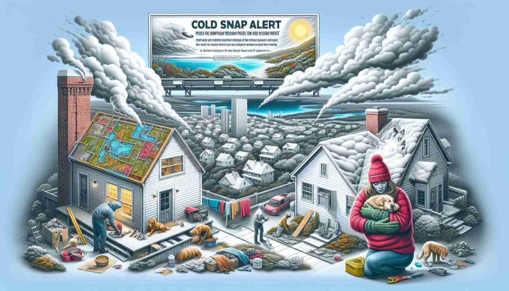 An illustrative and highly detailed image that visualizes a cold snap alert. Picture a landscape scene involving a portion of Florida and Georgia shrouded in a cloud representing chilly weather. Additionally, portray homes preparing for the cold with insulated rooftops and windows, and individuals wrapping their pet dogs and cats in warm blankets. The scene should also contain a banner or digital billboard announcing the imminent chilly weekend.