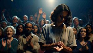 A high-definition, photorealistic image of a poignant scene from a television show. The central character, a determined woman of South Asian descent, is seen walking away with a hint of defeat, her hands noticeably empty. Her expression is one of silent strength and resilience. Behind her, other people attending the show react with a diverse range of emotions—surprise, pity, awe. Lighting from the stage should cast dramatic shadows, heightening the intensity of the moment. The context suggests this is a turning point in her story, producing moments of stunning intensity.