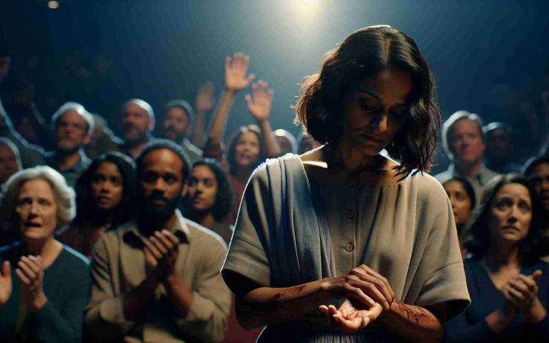 A high-definition, photorealistic image of a poignant scene from a television show. The central character, a determined woman of South Asian descent, is seen walking away with a hint of defeat, her hands noticeably empty. Her expression is one of silent strength and resilience. Behind her, other people attending the show react with a diverse range of emotions—surprise, pity, awe. Lighting from the stage should cast dramatic shadows, heightening the intensity of the moment. The context suggests this is a turning point in her story, producing moments of stunning intensity.