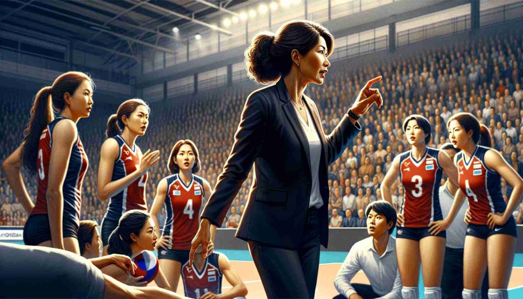 Imagine a historic championship in volleyball where the rise of women in coaching is being celebrated. The picture should portray a dynamic scene at the edge of the court. In the forefront, a South Asian female coach, exuding confidence, strategizes her team's next move. She speaks passionately to her diverse team of male and female athletes of various descents. Unseen spectators in the background contribute to the palpable energy and excitement of the moment. The image should evoke the texture and atmosphere of a high-stakes final game, communicating the passion, coordination, and intensity characteristic of such an event.