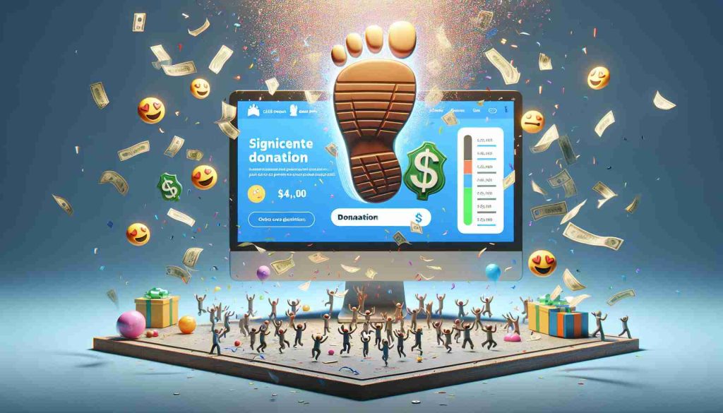 Create a high-definition, realistic image portraying a significant donation alert for child protection cause. The scene should show a computer monitor displaying a donation website where the large contribution has just been received, causing an explosion of confetti and joyful emojis. Additionally, include elements that symbolize a big step forward, such as a large footstep imprint on the ground or a progressive bar indicating advancement. The overall atmosphere should be celebratory and uplifting, indicating a real breakthrough in the mission of protecting children.