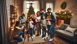 Create an image that demonstrates an idea of how to gather a family together for holiday photos. The scene should be in a homely living room, adorned with festive decorations like a Christmas tree, twinkling lights, and garlands. The family consists of grandmother and grandfather, mother and father, two teenage children, a boy and a girl, and a younger child. They should be in the process of coming together for the photo - someone's adjusting the camera on a tripod, others are laughing and guiding each other into place. The mood is joyous and inclusive. The image should be in realistic HD quality.