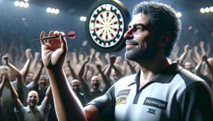 Realistic high-definition image capturing the final game of an iconic dart player from the University of Mississippi. Show the moment of victory, the crowd's euphoria, and the player's joy. The player, a Middle-Eastern man, holds the winning dart in his hands. He's clad in a team shirt, underscoring his connection to the university. His eyes, focused and determined, tell the story of a long journey to this unparalleled moment of triumph.