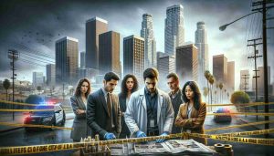 A realistic, high-definition image depicting a glimpse of an investigation unfolding within the bustling city of Los Angeles. Tall buildings tower in the background, while in the forefront, a diverse group of professionals – a Hispanic female detective, a Caucasian male forensic scientist, and a Middle-Eastern female reporter – gather around a scene cordoned off by yellow tapes. Their expressions are focused, serious, hinting at private city secrets hiding beneath the glitz and glamour. A newspaper headline overlays the scene, proclaiming 'Is the City of L.A. Hiding Secrets?'