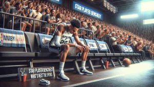 A realistic high-definition image encapsulating the news of a star basketball player being benched. In the foreground, there is a basketball player, visibly disappointed, seated on a bench. The player's jersey clearly showing the logo of the Spurs. The background is filled with a buzzing stadium filled with spectators. The mood within the stadium is of confusion and anticipation as everyone seems to be wondering about the future of the Spurs. The headline in bold letters at the bottom of the image reads 'Star Player Benched! What’s Next for the Spurs?'