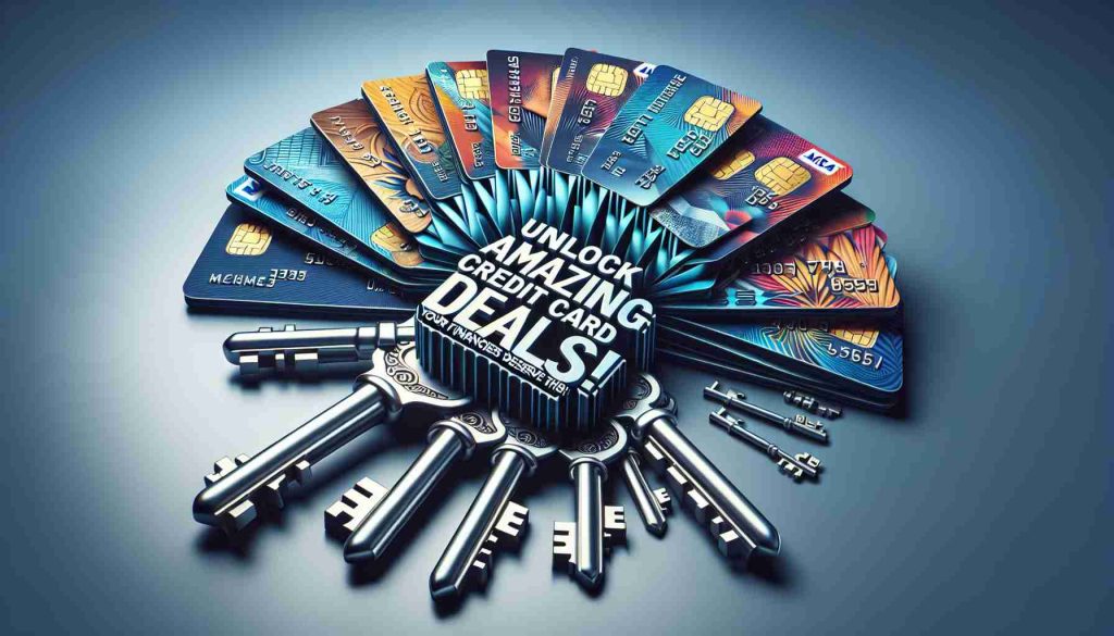 Generate a realistic high-definition image that showcases the concept of unlocking amazing credit card deals. The image should be arrangement of multiple credit cards fanned out, each with bold and unique designs. In the foreground, a layer of metallic keys should be depicted, symbolizing the unlock metaphor. On top of this visual scenario, place a catchphrase in stylized, eye-catching typography that reads: 'Unlock Amazing Credit Card Deals! Your Finances Deserve This!' The overall composition should hint at the prospect of financial opportunities and savings.