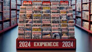 Realistic HD image of a newspaper stand with multiple eye-catching headlines and cover stories about surprising events and unexpected turns of the year 2024.