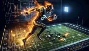 Create a photorealistic representation of a football player, fire lit behind him symbolizing his 'hidden gem' status, with the player wearing a black and gold uniform, the colors of the Pittsburgh's professional American football team. The player is leaping over the opponent's defence to catch the football mid-air which is common for the tight end position. In the background, a strategic-layout of an offensive play can be seen.