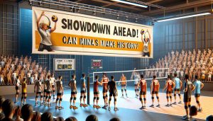 Generate a high-definition realistic image, depicting an exciting volleyball match that's about to take place. Show teams eagerly preparing, with an air of anticipation. A banner hangs in the background with the words 'Showdown Ahead! Can Minas Make History?'. This scene should capture the high stakes of the event while showcasing sportsmanship and friendly rivalry.