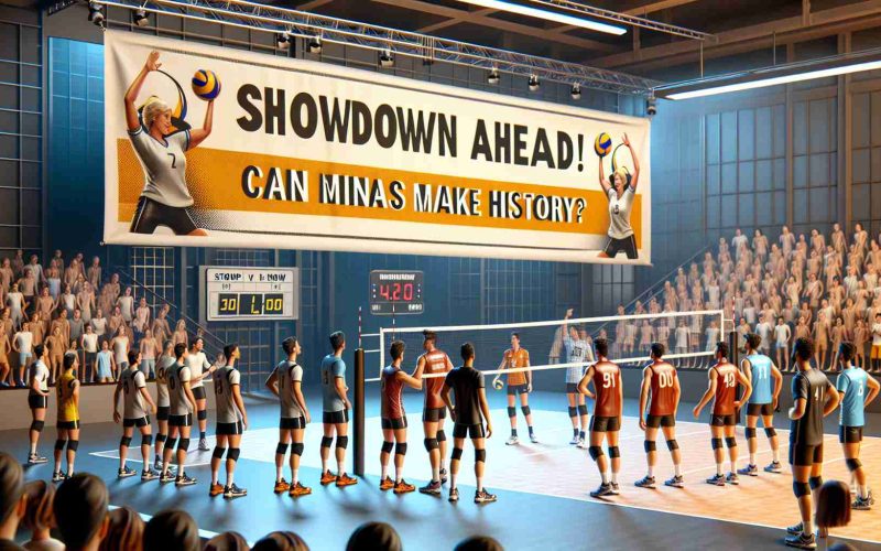 Generate a high-definition realistic image, depicting an exciting volleyball match that's about to take place. Show teams eagerly preparing, with an air of anticipation. A banner hangs in the background with the words 'Showdown Ahead! Can Minas Make History?'. This scene should capture the high stakes of the event while showcasing sportsmanship and friendly rivalry.