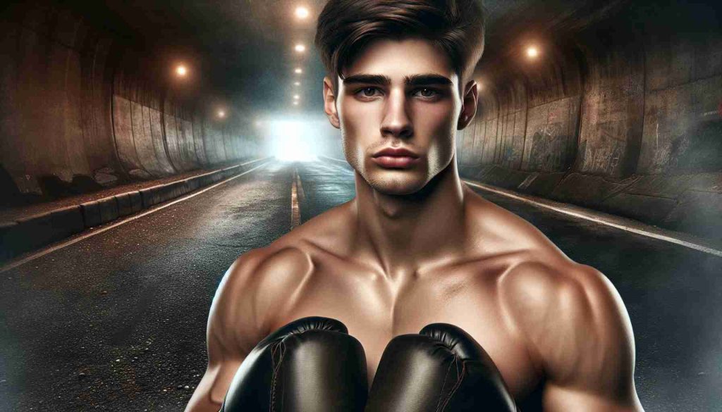 Realistic high-definition image of a muscular young male boxer with short brown hair and pronounced jawline, standing against a backdrop of a rough and challenging boxing road ahead.