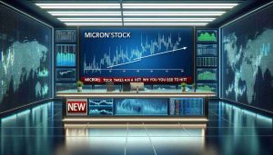 Generate a realistic HD image of a news headline reading 'Micron's Stock Takes a Hit! What You Need to Know'. The news headline is displayed on a modern digital news platform, presented with a relevant line chart illustrating the stock price fluctuations. The background shows a sophisticated trading room with multiple screens displaying different financial graphs and stocks information.