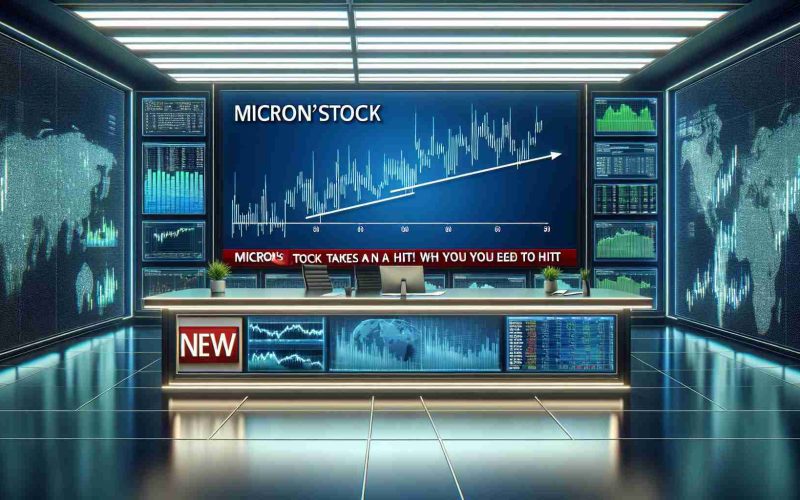 Generate a realistic HD image of a news headline reading 'Micron's Stock Takes a Hit! What You Need to Know'. The news headline is displayed on a modern digital news platform, presented with a relevant line chart illustrating the stock price fluctuations. The background shows a sophisticated trading room with multiple screens displaying different financial graphs and stocks information.