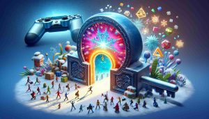 Create a realistic HD image that represents the concept of unlocking new adventures. This should include a depiction of a key turning in a fanciful lock, revealing a brightly lit portal beyond. Passing through the portal, characters, representative of different game genres, are eagerly stepping foot into a winter wonderland, signaling the arrival of December. A graphical formation of a console controller should be overhead, relating to PlayStation. Emphasize the giddy anticipation and excitement of embarking on new adventures by Using bright, vibrant colors and whimsical details.