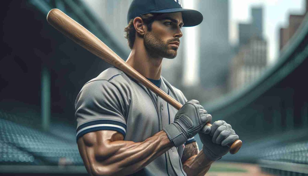 Realistic high definition photo of a professional baseball player, who is athletic and of Hispanic descent, depicted in the midst of an ongoing search for a home. He's wearing a uniform, holding a baseball bat, and carries a thoughtful expression on his face.