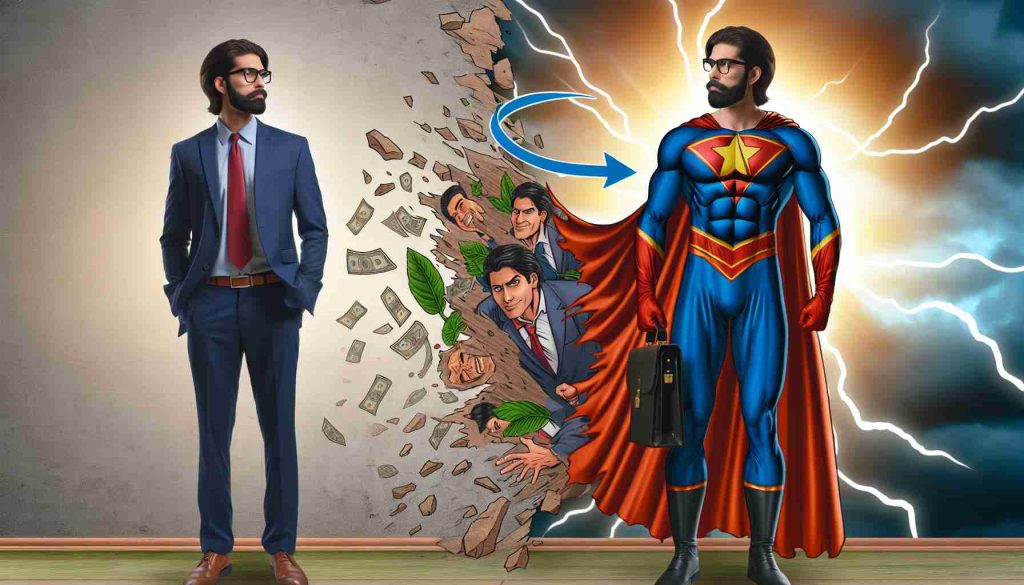 Create a realistic high-definition portrayal of a surprising journey of a man from comedy to becoming a leading personality in a fictional superhero universe. The transition should signify an evolution showcasing a remarkable transformation in terms of physicality and overall persona. The backdrop should contain elements indicating the realm of comedy and the world of superheroes.