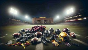 Create a high definition, realistic image that represents a crucial moment in a football playoff madness. The overpowering sense of anticipation and excitement permeates through the air as it's the 'Bye Week' of Arizona State University's football team. Picture a deserted football field at night, illuminated by the bright field lights. An assortment of football gear, including helmets, gloves, and cleats are scattered about the field, hinting at the intense training the team has undergone. In the background, the university's distinctive landmark buildings loom, providing a familiar backdrop to this pivotal moment in the sporting calendar.