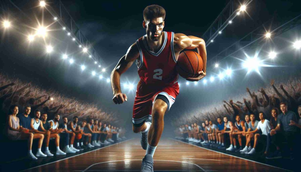 A realistic HD photo representing a powerful professional basketball player, potentially a breakout star of a 2024 Trade Market, as teams get ready. The image focuses on an intensifying atmosphere as the player charges with the basketball under the spotlight, among the roaring crowd in the stadium.