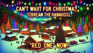 Generate a high-definition, realistic photo of the textual phrase 'Can't Wait for Christmas? Stream the Hilarious 'Red One' Now!' in festive lettering, backed by a joyful, Christmas-themed landscape filled with decorated trees, colorful lights, and snow-covered cabins.