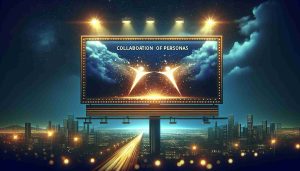 High definition illustration of a dynamic billboard that signifies a collaboration of influential personas for an upcoming drama. It displays a minimalist dramatic symbol illuminating brightly against the night sky with a pulsating aura of excitement and anticipation. Extras include a bustling cityscape in the background, illuminated buildings, glowing street lamps, and a hint of the setting sun on the horizon.