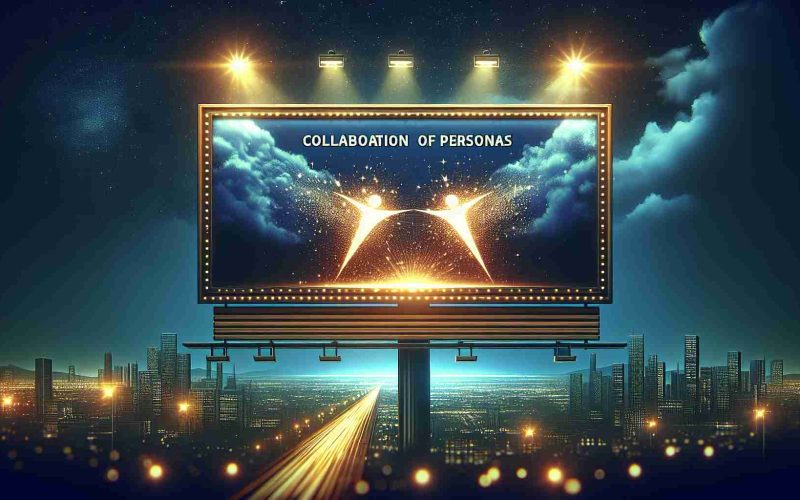 High definition illustration of a dynamic billboard that signifies a collaboration of influential personas for an upcoming drama. It displays a minimalist dramatic symbol illuminating brightly against the night sky with a pulsating aura of excitement and anticipation. Extras include a bustling cityscape in the background, illuminated buildings, glowing street lamps, and a hint of the setting sun on the horizon.