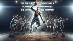 Conceptual scene showcasing a male basketball player, of African descent, with a strong physique showcasing his playmaking abilities on the basketball court. He's about to make a powerful dunk and the shock on the spectators' faces around the court indicates it's something exceptional. The message 'Can the player become a playmaking powerhouse, The answer will shock you!' is written in a dramatic font at the bottom.