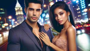 A high-definition, realistic image of an attractive couple who have managed to grab attention everywhere with their stunning appearance during a night out. The man, of Hispanic descent, is dressed in a strikingly fashionable outfit and the woman, of South Asian descent, is wearing a beautiful dress that complements her beauty. They are surrounded by vibrant city lights, giving an impression of a lively night scene.