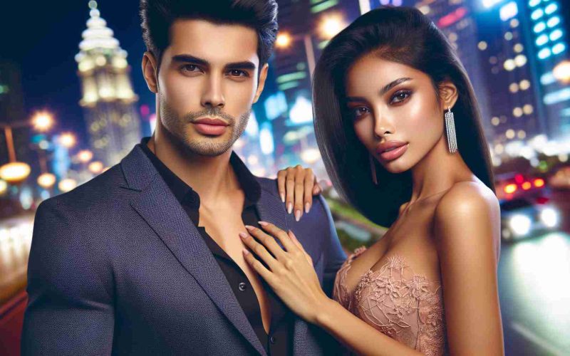 A high-definition, realistic image of an attractive couple who have managed to grab attention everywhere with their stunning appearance during a night out. The man, of Hispanic descent, is dressed in a strikingly fashionable outfit and the woman, of South Asian descent, is wearing a beautiful dress that complements her beauty. They are surrounded by vibrant city lights, giving an impression of a lively night scene.