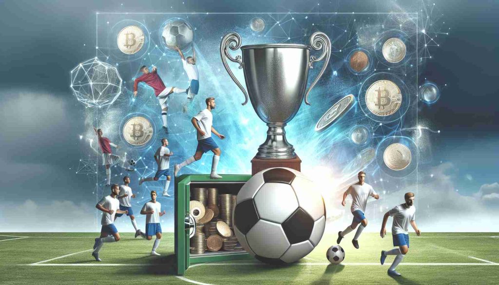 A detailed photo illustration of a soccer team with ambitions towards glory, working hard practicing on a green football field, with the goal of success without financial difficulties. Using symbolism like a large shining trophy to represent their aspirations, and a clear blue sky to signify their hopes. Also, abstract elements like a secure and balanced safe as a metaphor for their economic stability.