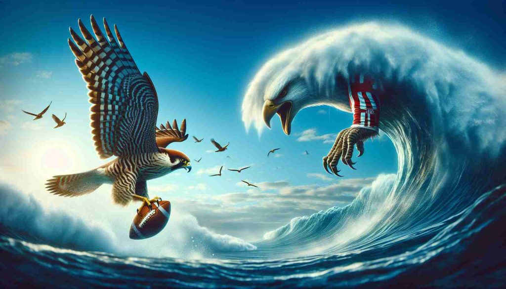 Realistic high definition image of a metaphorical scene illustrating a sports clash between two teams represented by the falcon and the tide. The Falcons are depicted as a high-flying bird against a blue sky, whereas the Tide is represented as a formidable wave about to crash. The tension in the air suggests that this is a must-win game.