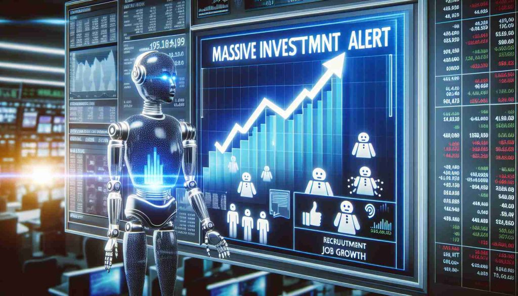 Create a realistic, high-definition image depicting the concept of a 'massive investment alert' with an emphasis on job growth in the AI industry. The scene may be a stock market display showing rising values symbolizing investment, supplemented with symbols of AI technology such as robots and neural network graphics. Add in imagery demonstrating job growth such as a growing bar or line graph, recruitment adverts and job listings. Let the overall mood of the image be upbeat and promising.