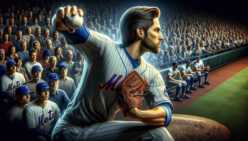 A high-definition, realistic image of an intense baseball game. A Caucasian male pitcher in a Mets' uniform is preparing to throw the ball, with the rest of the team and audience intensely watching him, their hopes high. Notably, the image reflects the pressure and expectation of a man assigned to revolutionize the team's pitching staff.