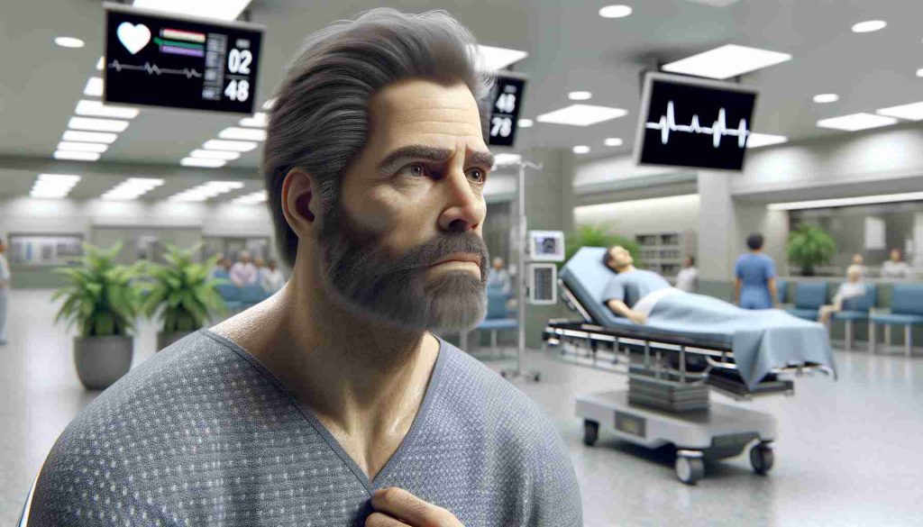 Realistic HD image of an urgent hospital scene in the cardiac surgery ward. A middle-aged man, with prominent facial hair and athletic physique, is seen anxiously waiting for his scheduled heart surgery. Note that the individual depicted is not a specific real person, but a representation of a generic individual facing a health crisis.