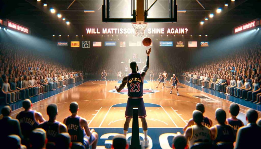 Realistic HD photo of a basketball game with the headline 'Game Time: Will Mattison Shine Again?'