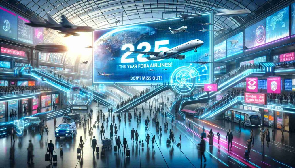 Create an HD image representing the future of airlines in 2025. Represent this through a vibrant airport scene with futuristic vehicles, digital screens displaying flight information, people of various descents and genders move around. Let the futuristic spirit come alive through the innovative airline designs, sleek technologies, eco-friendly measures, and people's enthusiasm. Don't forget to add a digital billboard in the scene with the bold text, '2025 Is the Year for Airlines! Don’t Miss Out!'