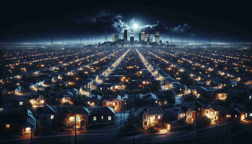 Realistic high-definition image of a substantial power outage impacting a large cityscape, reminiscent of Toledo, with countless buildings and streets plunged into darkness. Numerous homes and other structures are left without illumination, presenting a stark contrast against the backdrop of the moonlit sky. The scene highlights the sudden and extensive impact of the power loss.